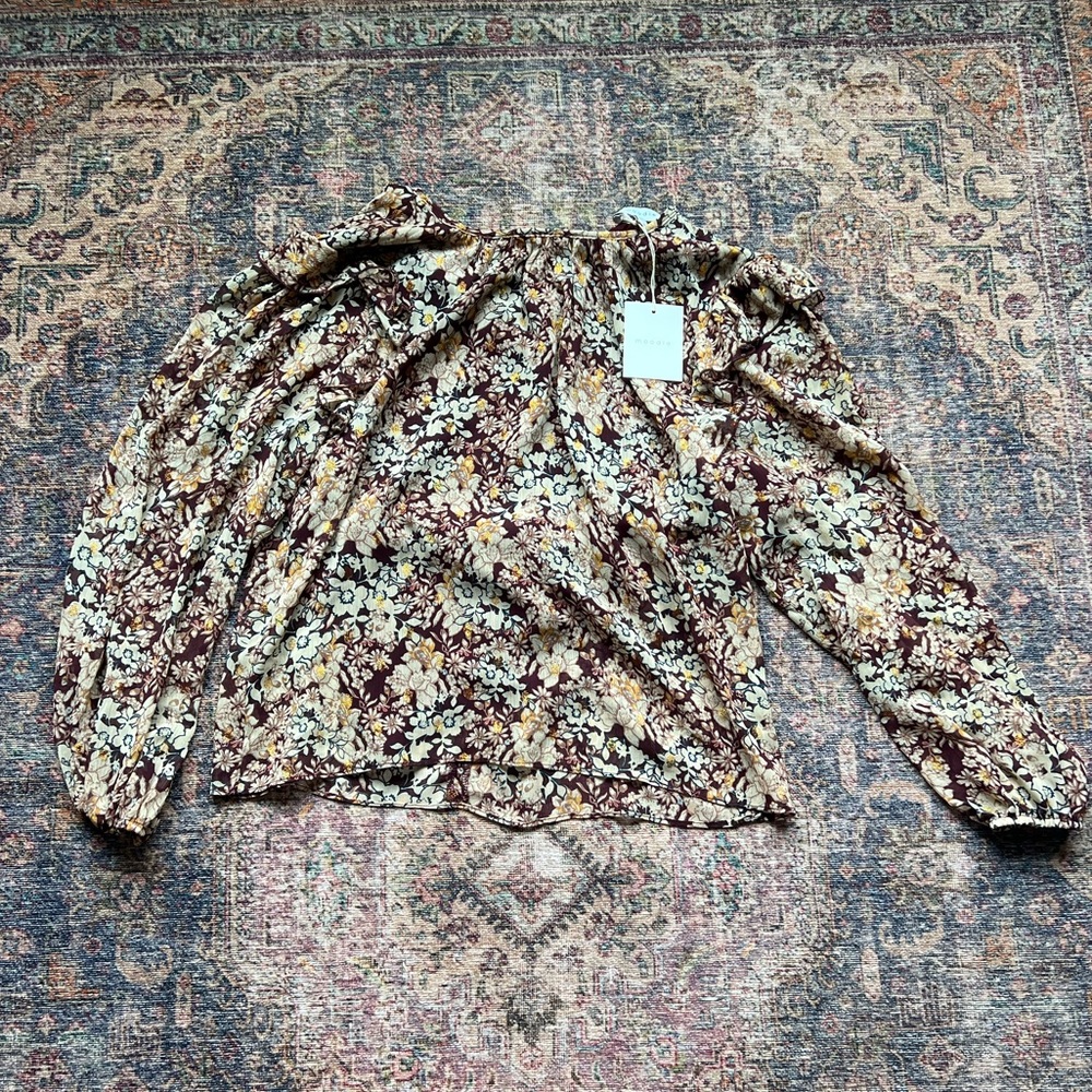 Moodie Floral Off-Shoulder Blouse - Cream and Brown